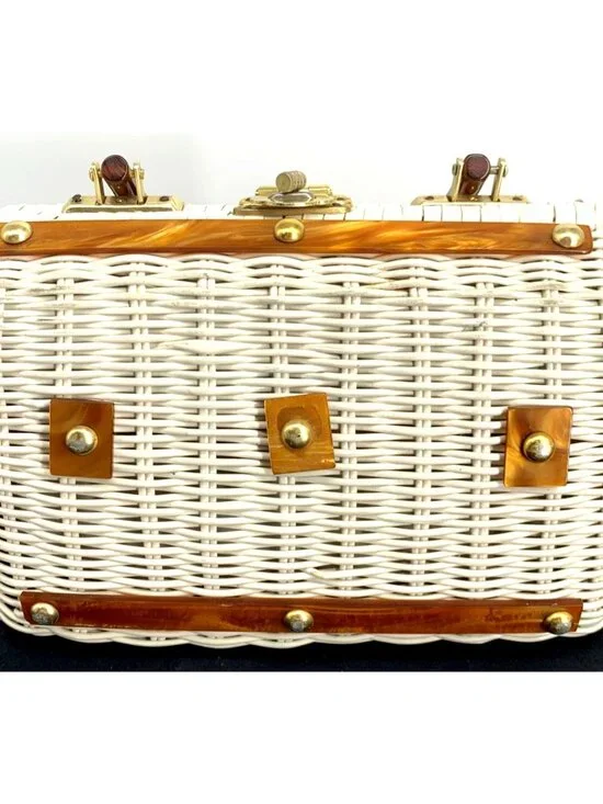 Vintage Purse Nylon Wicker Woven Lucite Handbag British Hong Kong 9" Wide - Picture 2 of 11